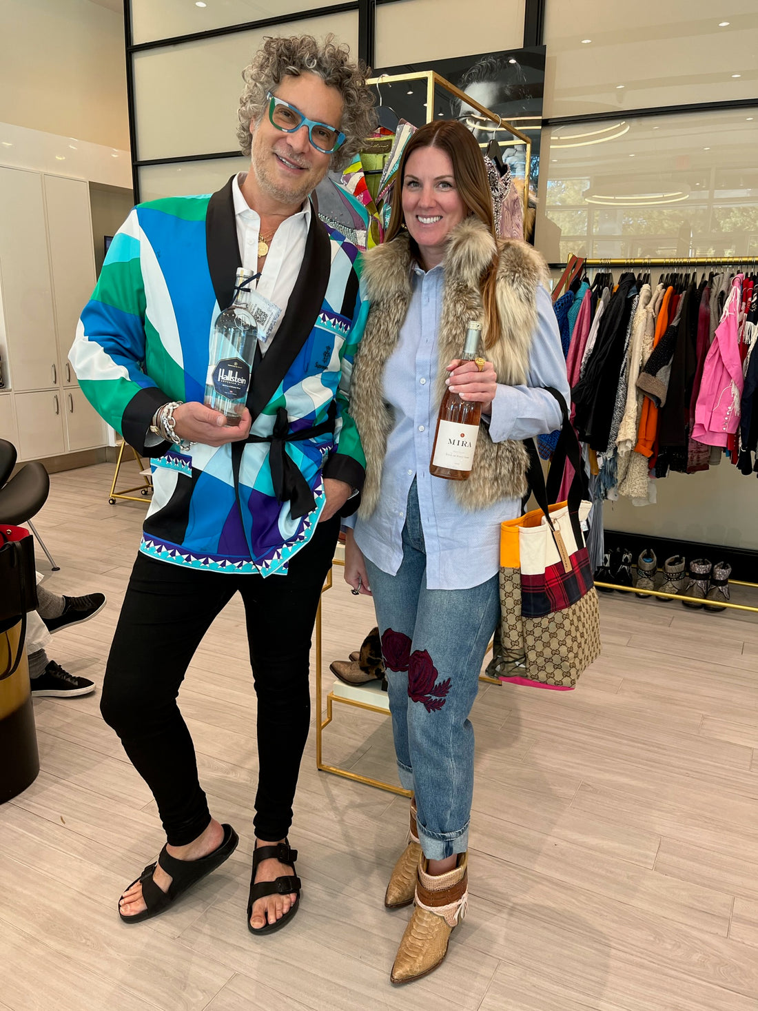 Cameron Silver and Isa, Owner and Designer of Living Pearl, at Camerons pop up shop at Ceron Hair Studio at Kirby Plaza in Houston.  